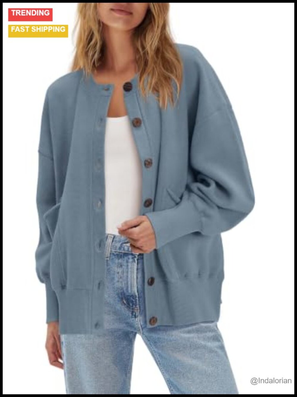 Oversized Cardigan Sweatshirt with Pockets, Button Up Long Sleeve Open Front